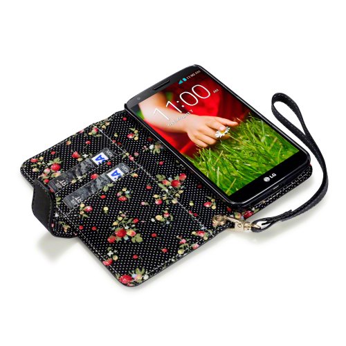 LG G2 Premium Faux Leather Wallet Case with Floral Interior (Black) (For All Carriers Except Verizon)