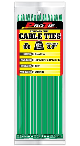 Pro Tie GR8SD100 8-Inch Green Standard Duty Color Cable Tie, Green Nylon, 100-Pack
