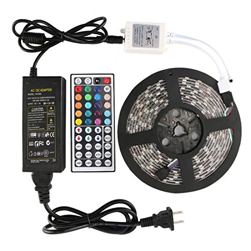 WisHome IP65 Waterproof Flexible 16.4ft 5M SMD5050 300 LEDs Color Changing RGB LED Light Strip Kit with 44 Key IR Remote Controller and 12V 5A Power Supply for Home Christmas Party Decorative