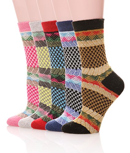 Color City Women's 5 Pair Vintage Style Wool Warm Winter Crew Socks (style?E)