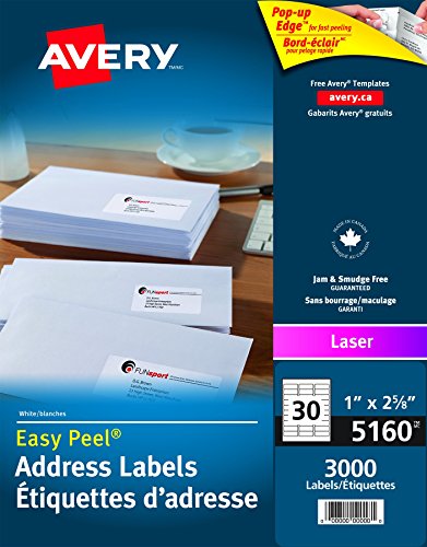 Avery Address Labels with Easy Peel for Laser Printers,  1 x 2-5/8, White, Rectangle, 3000 Labels, Permanent (5160)