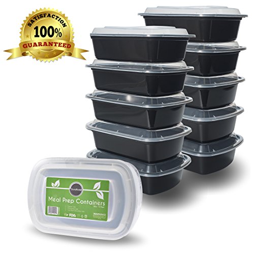 Meal Prep Containers with Lids - 38oz. BPA-Free Rectangular Microwaveable Reusable Black Plastic Food Storage Container, Made in USA - Set of 10 -DuraHome™