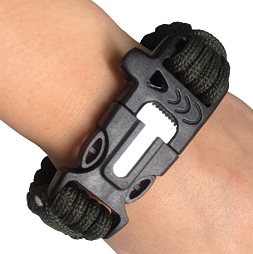 Outdoor Camping Removable Surival Paracord Bracelet with Adjustable Size Fire Starter Whistle Multi Functional Nylon Braided (Black)