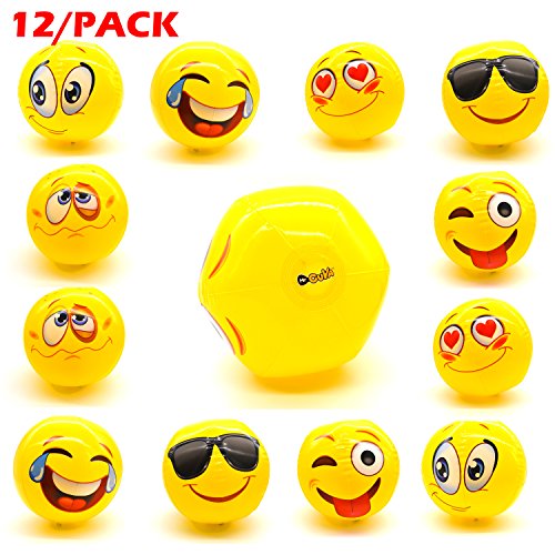 MrCUYA Emoji Inflatable Beach Balls 12-Pack of 12 , 6 Unique Emoji Smiley Face Designs Ball Perfect for Fun Games, Swimming Pools, Summer Camps