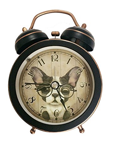 Uniquelover 3'' Cute Cat with Glasses American Black Quiet Non-ticking Silent Mini Quartz Analog Retro Vintage Bedside Twin Bell Alarm Clock with Loud Alarm and Nightlight