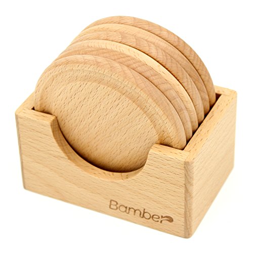 Bamber Solid Wood Table Coaster Set with Holder for Glasses, Bar Coasters, Wooden Cup Coasters, Round, Easy to Clean, 6 Pieces - Beech
