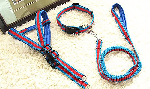 Xingzou® Pet Dog Leash Collar Harness 3 Pcs Set - Nylon Webbing Classic Adjustable Dog Collar Harness - Durable Handle Bungee Training Leash with Reinforced Clasp - Hand Shape Bath Brush as a Free Gift
