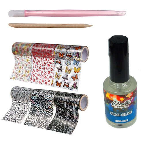 BTArtbox 2014 New 6 Flower Nail Art Tips Transfer Nail Foil Adhesive DIY Set