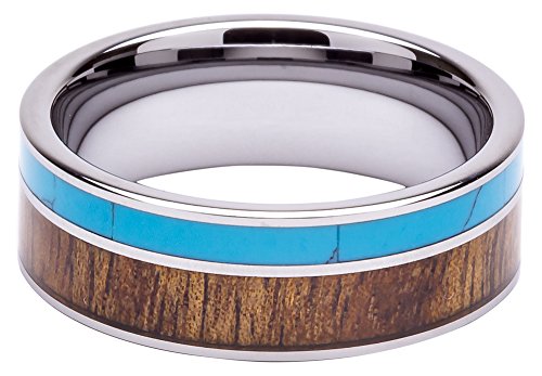 Tungsten Ring Inlaid with 100% Natural Koa Wood and Solid Turquoise - Extremely Unique - 8mm Wide - Wedding, Engagement, or Promise Ring - By Woodie Specs