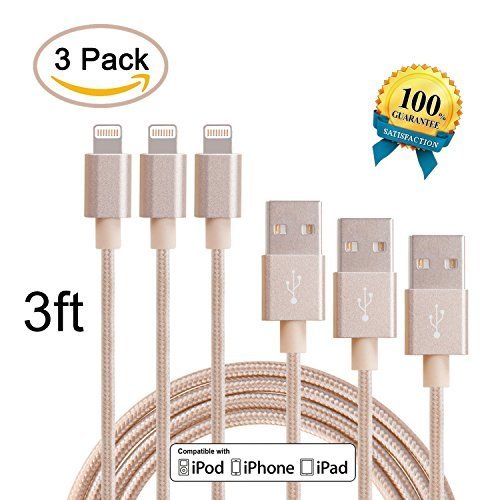 EverDigi 3 PCS 3FT Fashionable Handy Lightning Cord Nylon Braided Tangle-Free 8 Pin USB Charging Cable for iPhoneSE/6/6s/6s+,iPhone 5/5c/5s, iPad 4/ Mini/ Air, iPod Touch 5/Nano 7 on iOS9 - (Golden)