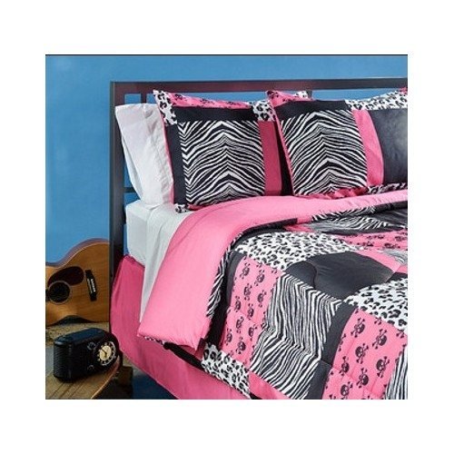 Teen Pink Zebra Bedding. 4 Piece Pink Black and White Bed in a Bag Full Size Set Is Perfect for a Teenage Girl Bedroom. Mini Skull, Zebra, Cheetah Print Patchwork Design. Comforter Blanket Set