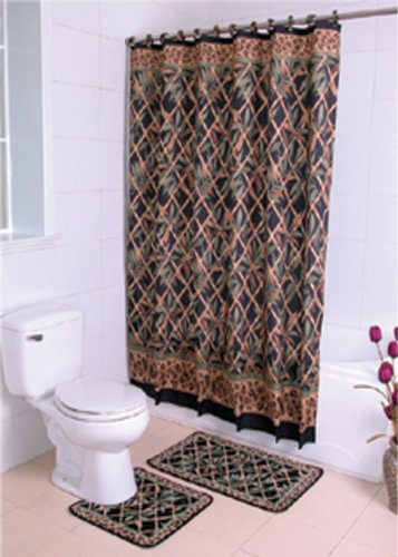 NEW AMAZON FABRIC SHOWER CURTAIN, FABRIC COVERED RINGS, AREA RUG & CONTOUR RUG SET - BLACK
