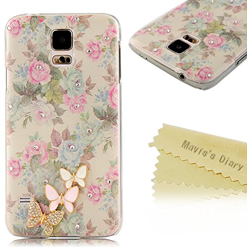 S5 Case - Mavis's Diary® 3D Handmade Bling Crystal Cute Butterfly Sparkle Glitter Pink Flowers Case Hard Cover for Samsung Galaxy S5 SV S IV I9600 2014 with Clean Cloth