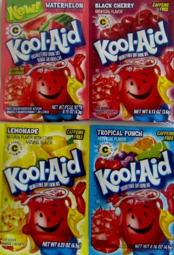 Kool-Aid Unsweetened Soft Drink Mix Variety 48 Packs (12 each Watermelon, Black Cherry, Tropical Punch & Lemonade)