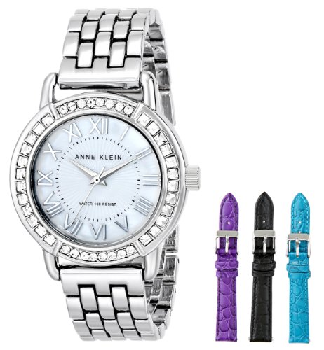 Anne Klein Women's Silver-Tone Swarovski-Accented Bracelet Watch with Three Additional Bands