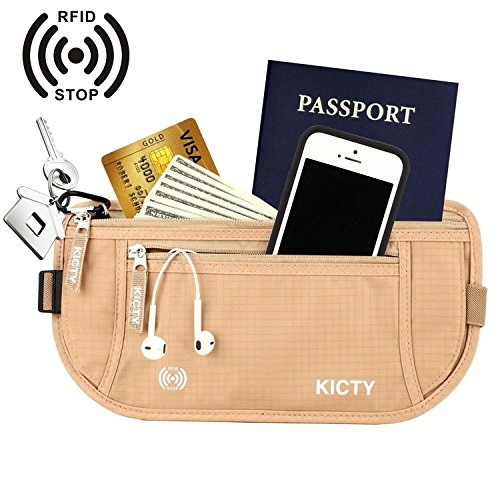 Kicty Travel Money Belt with RFID Protection - Travel Security Waist Pouch Bag - Protect Holder for Passport Tickets Cards Cash iPhone