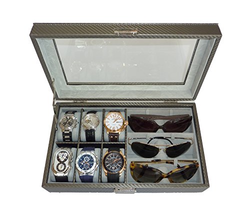 TimelyBuys 6 Piece Watch & 3 Piece Eyeglasses Carbon Fiber Box with Glass Top Lid (Pewter)