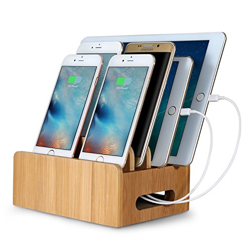 Merit Bamboo Multi-device Cords Organizer Stand and Charging Station Docks for Smart Phones and Tablets