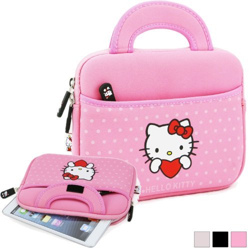 Hello Kitty Themed Apple iPad Mini / 8 Tablet Sleeve w/ Handles in Polka Dot Pink (Neoprene, Water Resistant, Branded YKK Zippers, Soft Plush Inner Lining)
