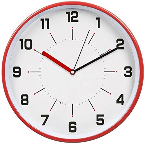 HITO 12 Inches Silent Non-ticking Wall Clock w/ Metal Frame and Acrylic Front Cover (Red)