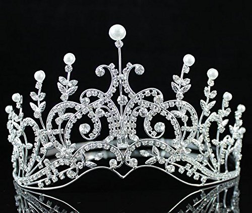 Janfashions Pageant Rhinestone Pearl Crystal Tiara Crown Bridal Wedding Prom T1290 Silver