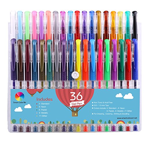 Smart Color Art - 36 Color Premium Gel Pen Set | Colors Included: Classic Glitter, Neon, Pastel, Standard & Metallic | for Coloring, Sketching, Drawing, Painting , Writing & Custom Artistic Creations!