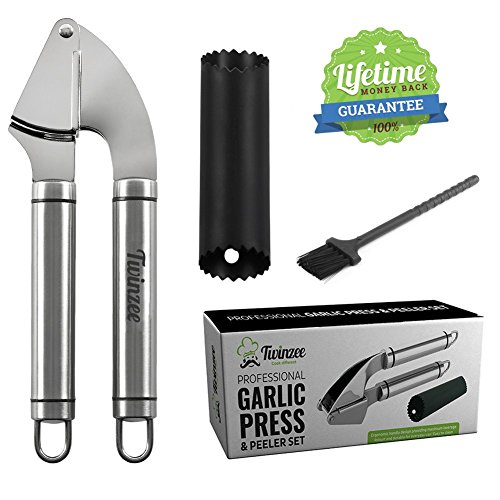 Twinzee® Professional Garlic Press and Peeler Set. Stainless Steel Mincer and Silicone Tube Roller
