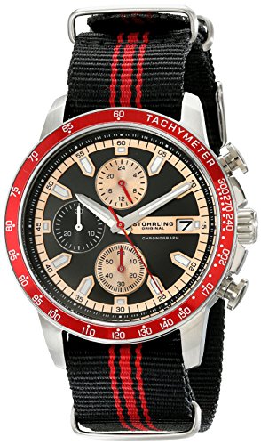 Stuhrling Original Men's 678.03 Monaco Quartz Chronograph Tachymeter Date Black and Red Canvas Strap Watch