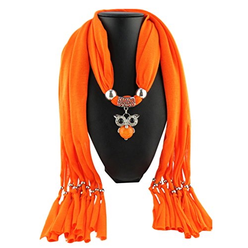 Orange Cotton Scarf Shawl in Silver with Vintage Charm Studded Crystals Circle Owl Shape Pendant Dangle Choker