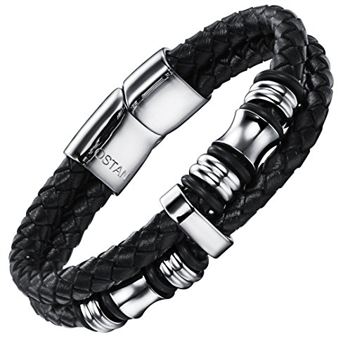 Ostan 316L Stainless Steel and Black Leather Rope Men's Bracelet