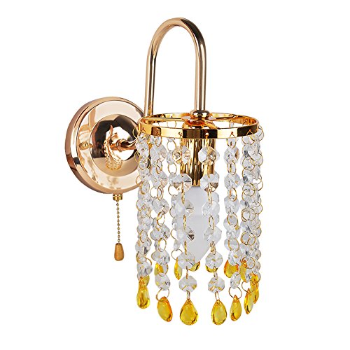 INHDBOX E14 Modern Fashion Style Golden Crystal Wall Lamp - Pull Chain ON/OFF Sconce Light - for Bedside Living Room Reading Room Balcony & More