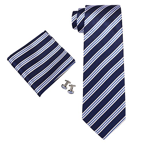 Landisun Stripes Mens SILK Tie Set: Tie+Hanky+Cufflinks 30N Navy Blue White, 3.75Wx59L