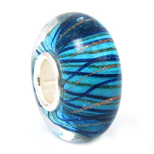 Blue and Gold-tone Stripe of Waves Glass Bead Sterling Silver Core For European Charm Bracelets