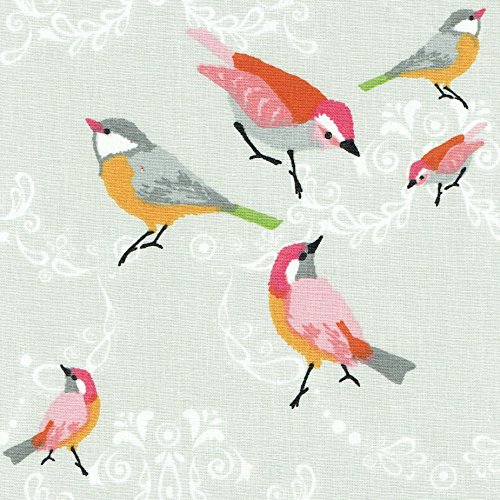 A Little Bird Fabric - pinks, yellow, greys and green on grey white base cloth | 100% Cotton Designer Print | 160 cm (63 inches) wide | Per half metre