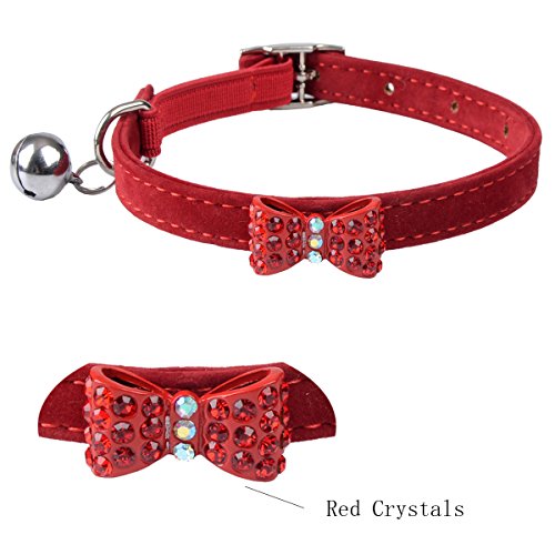 Red Velvet bowtie crystal fashion puppy cat collars safety elastic bell 8-10.5