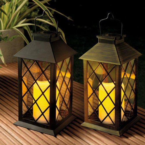 Solar Powered Traditional Candle Lantern (Black) with Flickering Light