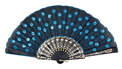 Peacock Pattern Sequin Fabric Hand Fan Decorative,blue