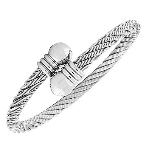 Stainless Steel and Alloy Silver-Tone Open End Twisted Cable Bangle Bracelet