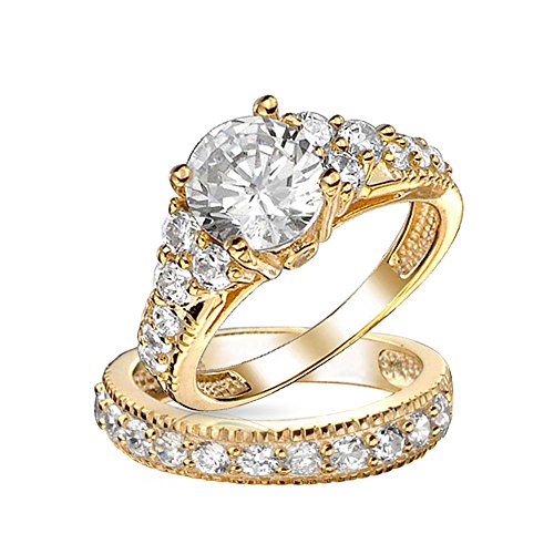 Bling Jewelry Art Deco Style Gold Plated CZ Engagement Wedding Ring Set 925 Sterling Silver