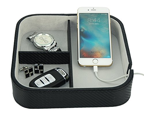 Three Compartment Black Carbon Fiber Catchall Phone Case Coin Tray Valet Tray for Keys, Phone, Jewelry, Valet, Accessories