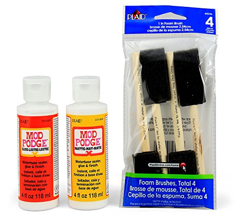 Mod Podge Basics Bundle with 6 Items -- Gloss and Matte Medium with 4 Foam Brushes -- Comes with Photo Project Instructions!