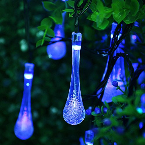 Solar Outdoor String Lights, ICICLE 15.7 Ft 8 Light Modes 20 Water Drop Blue LEDs, Led Fairy Lighting for Garden Decorations, Fence, Patio, Christmas, Wedding, Party, Home and Holiday