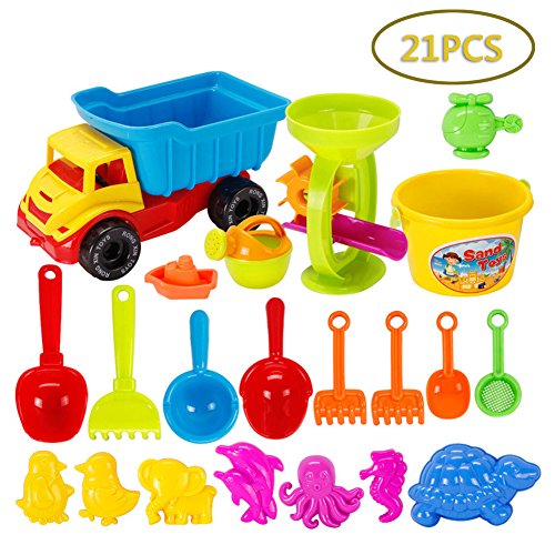 21pcs Large Kit Beach Sand Toys Set JeeMax Chidren's Day Gift Sand Play Set with Bucket,Shovels,Rakes,Sand Wheel,Watering Can and Molds etc Sand Play Toys Set with Complete Sand Play Tools