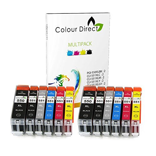 12 XL CLI-551XL/ PGI-550XL ColourDirect Compatible Ink Cartridges for Canon Pixma iP8750 MG6350 MG7150 MG7550 Printers 2X Big Black 2X Black 2X Cyan 2X Magenta 2X Yellow 2X Grey