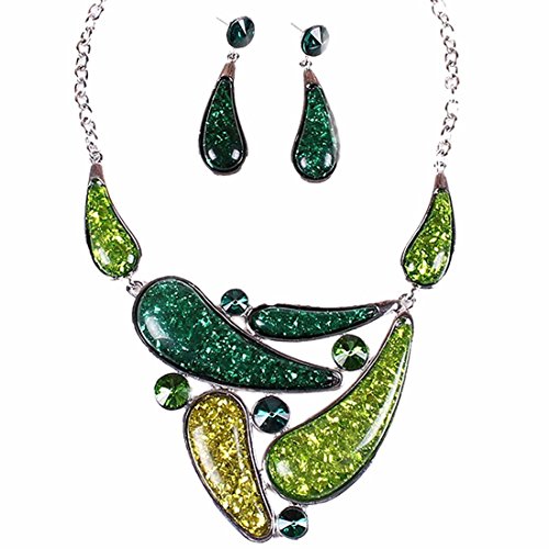 Women's Green Amber Drop Bib Charm Pendant Chain Necklace Stud Earrings Set