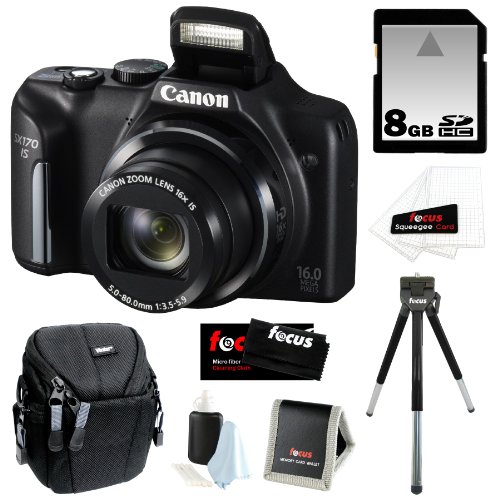 Canon PowerShot SX170 IS 16MP Digital Camera with 16x Optical Zoom and 3-inch LCD in Black + 8GB SDHC + Compact Camera Case + Mini Tripod + Accessory Kit