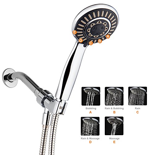 Handheld Shower Head, Fivanus 4 Inch 5 Settings Powerful Spray Shower Head with Angle Adjustable Bracket, 72'' Flexible Shower Hose, and Plumbers Tape, Chrome Finish