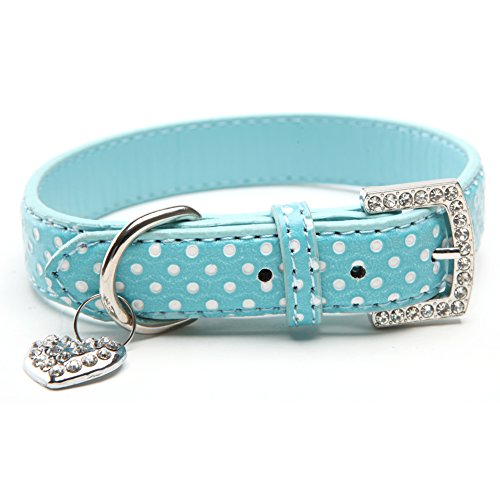 BINPET BA2028 Designer Polka Dots Leather Pet Puppy Dog Collar with Jeweled Heart Pendant Charms and Durable Metal Buckle , Blue Medium