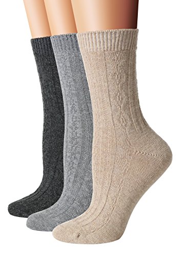 Flora&Fred Women's 3 Pair Pack Cable Knit Wool Crew Socks