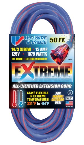 US Wire 98050 14/3 50-Foot SJEOW TPE Cold Weather Extension Cord Blue with Lighted Plug